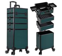 AROUS Rolling Makeup Train Case 4 in 1 Cosmetology Case on Wheels Large Storage Cosmetic Trolley with Key Salon Barber Case Traveling Cart Trunk, Green