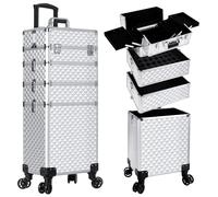 AROUS Rolling Makeup Train Case 4 in 1 Cosmetology Case on Wheels Large Storage Cosmetic Trolley with Key Salon Barber Case Traveling Cart Trunk, Silver, 4 in 1 Rolling Makeup Case