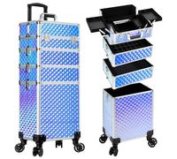 AROUS Rolling Makeup Train Case 4 in 1 Cosmetology Case on Wheels Large Storage Cosmetic Trolley with Key Salon Barber Case Traveling Cart Trunk, Colorful