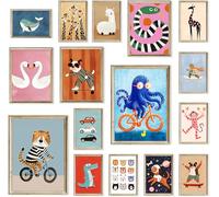 Aroutde 16Pcs Cartoon Animal Canvas Wall Art Nursery Room Funny Animal Pictures Octopus Tiger on Bikes Dog Turtle Skateboard Posters for Kids Bedroom Playful Nursery Playroom Decor
