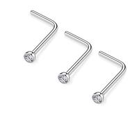 AROWRO 3pcs 20g 2mm Nose Rings for Women Diamond Nose Studs CZ Nose Stud Silver 7mm Length L Shaped Nose Rings Studs Nostril Piercing Jewelry 20 Gauge G23 Titanium Nosecrew