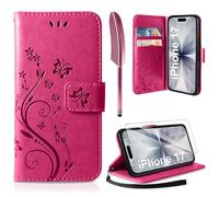 AROYI Case Compatible with iPhone 17 Case with Tempered Glass Screen Protector,Wallet Case PU Leather with Card Slots Folding Stand Magnetic Protect Flip Cover Red