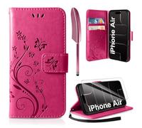 AROYI Case Compatible with iPhone Air Case with Tempered Glass Screen Protector,Wallet Case PU Leather with Card Slots Folding Stand Magnetic Protect Flip Cover Red