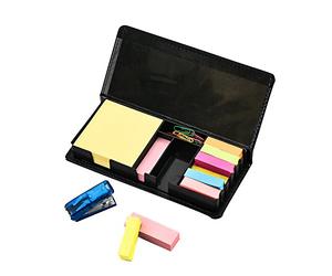 ARPAN Deluxe Sticky Memo Note Desk Organiser Box Set with Index Bookmark with 1 Mini Staple & 20pc Clips - Faux Leather Look, Black case, 20cm x 9.5cm x 2.5cm, CL-STN-OR