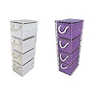 Arpan Drawer Storage Cabinet Unit Multi Purpose, White & Purple with Rope Handles for Bedroom, Bathroom, Home, Office - 4 Drawers Unit with Metal Frame to Store Stationary, Cosmetics (Set of 2)