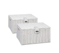 2 x Arpan Resin Woven Storage Hamper Basket Box With Lid & Lock (White - Large)