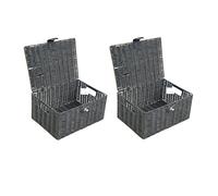 Arpan Resin Woven Storage Basket with Lid & Strap Lock, Black Medium, Set of 2, Hand Woven on Metal Frame, Storage Box with Handles, 33 x 24 x 15.5cm