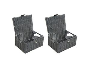 Arpan Resin Woven Storage Basket with Lid & Strap Lock, Black Medium, Set of 2, Hand Woven on Metal Frame, Storage Box with Handles, 33 x 24 x 15.5cm