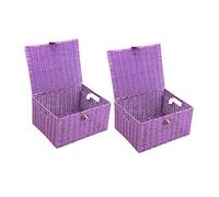 Arpan Resin Woven Storage Basket with Lid & Strap Lock, Purple Large, Set of 2, Hand Woven on Metal Frame, Storage Box with Handles, 36 x 28 x 18.5cm