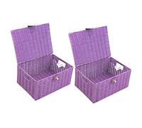 2 x Arpan Resin Woven Storage Hamper Basket Box With Lid & Lock (Purple - Medium)