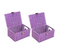 2 x Arpan Resin Woven Storage Hamper Basket Box With Lid & Lock (Purple -Small)