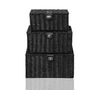 Arpan Set Of 3 Resin Woven Storage Basket Box With Lid & Lock (Black)