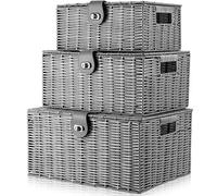 ARPAN Set of 3 Resin Woven Storage Basket Box With Lid & Lock Grey, Large, Medium, Small