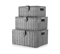 Arpan Set Of 3 Resin Woven Storage Basket Box With Lid & Lock Grey, Large, Medium, Small