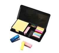 ARPAN Sticky Memo Note Desk Organiser Set with Index Tabs, Mini Stapler & 20 Paper Clips, Faux Leather Look Desk Box, 20 x 9.5 x 2.5 cm, Black