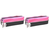 ARPAN Triple Zip Rectangular Large Fabric Pencil Case - School Make-Up (Pink) (Pack of 2)