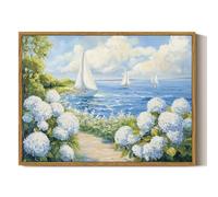 ARPEOTCY 12x16 Inch Coastal Sailboat Wall Art, Framed Canvas Nautical Landscape Painting with Hydrangeas for Bathroom Bedroom Living Room Cottagecore Nature Decor