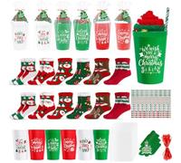 ARQRHTLY 61 Pcs Christmas Bulk Gifts for Coworkers, 12 Set Christmas Cupcake Fuzzy Socks with Plastic Cups, Straws, Gift Tags and Bags, Cute Xmas Holiday Gifts for Women Office Staff Friends