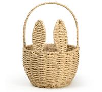 ARQRHTLY Easter Bunny Basket with Handle Handmade Wicker Bunny Ears Picnic Basket Sturdy Rattan Woven Rabbit Storage Container for Easter Gifts Egg Hunt Flower Candy Organizer Spring Party Decor
