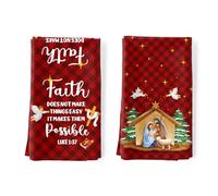 Arquiel 2 Pcs Nativity Christmas Kitchen Towel 100% Cotton Red Check Absorbent Dish Towel 70 x 48 cm Housewarming Holy Night Cupid Farmhouse Decorative Hand Towel for Dining Home