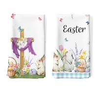 Arquiel 2Pcs Easter Christian Kitchen Tea Towels 100% Cotton Rabbit Flower Hand Towels Multiple Uses Quick Dry Dish Cloth for Table, Kitchen Decor, Housewarming Gifts