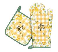 Arquiel Bee Daisy Oven Mitts and Pot Holders -100% Cotton, Heat Resistant Extra Long Oven Gloves & Hot Pads for Cooking BBQ Grilling Baking Gift, Set of 2