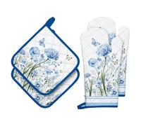 Arquiel Blue Floral Oven Mitts and Pot Holders Sets 4Pcs, 100% Cotton Heat Resistant, Extra Long Oven Gloves Potholder for Kitchen Cooking Baking Decoration