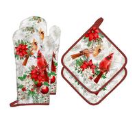 Arquiel Christmas Cardinal Oven Mitts and Pot Holders -100% Cotton, Heat Resistant Extra Long Oven Gloves & Hot Pads for Cooking BBQ Grilling Baking Gift, Set of 4