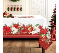 Arquiel Christmas Flowers Tablecloth Waterproof, Red Floral Table Cloth Rectangle Stain Resistant, Washable Table Cover for Home Kitchen Dining Party Decoration (264 x 152 cm)