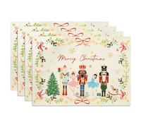 Arquiel Christmas Nutcracker Double-Layer Placemats, 33 cm x 48 cm, Set of 4 Washable Heat-Resistant Non-Slip Cloth Table Mats for Christmas Seasonal Holiday Decor (Light Beige)