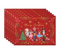 Arquiel Christmas Nutcracker Double-Layer Placemats, 33 cm x 48 cm, Set of 6 Washable Heat-Resistant Non-Slip Cloth Table Mats for Christmas Seasonal Holiday Decor (Red)