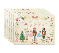 Arquiel Christmas Nutcracker Double-Layer Placemats, 33 cm x 48 cm, Set of 6 Washable Heat-Resistant Non-Slip Cloth Table Mats for Christmas Seasonal Holiday Decor (Light Beige)
