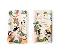 Arquiel Cute Cat Tea Towels 2Pcs 48 × 70 cm, 100% Cotton Soft Kitchen Towel Hand Towels Multiple Uses Quick Dry Dish Cloth for Kitchen, Anniversary,Wedding, Decoration