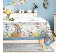 Arquiel Easter Bunny Table Cloth Rectangle Machine Washable Rabbit Farmhouse Blue Ribbon Tablecloth, 152 * 264 cm, Polyester Easter Eggs Table Cover for Kitchen Dinner Party Outdoor Decor