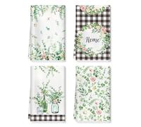 Arquiel Eucalyptus Leaves Kitchen Towels Soft Thick Cotton Blend Checkered Hand Towels, 42 x 70 cm Absorbent Dish Cloth for Kitchen Home Decor, Housewarming, Birthday Gifts for Women, Set of 4
