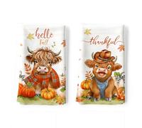 Arquiel Fall Highland Cow Tea Towels, Cotton Kitchen Towel 48 × 70 cm, Quick Drying Dish Cloth for Thanksgiving Party Anniversary Holiday Decoration Housewarming Gifts