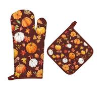 Arquiel Fall Pumpkin Leaves Oven Mitts and Pot Holders -100% Cotton, Heat Resistant Extra Long Oven Gloves & Hot Pads for Cooking BBQ Grilling Baking Gift, Set of 2