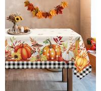 Arquiel Fall Pumpkin Leaves Tablecloth Waterproof, Harvest Buffalo Plaid Table Cloth Rectangle, Washable Table Cover for Party Decor Kitchen Decoration (140x180cm)