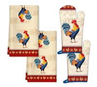 Arquiel Farmhouse Rooster Kitchen Towels and Oven Mitts Set 4Pcs, Soft Absorbent Dish Cloth Heat Resistant Oven Gloves for Cooking Baking Kitchen Decoration, Gifts for Her