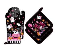 Arquiel Halloween Boo Pink Pumpkin Oven Mitts and Pot Holders -100% Cotton, Heat Resistant Extra Long Oven Gloves & Hot Pads for Cooking BBQ Grilling Baking Gift, Set of 4