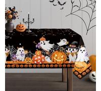 Arquiel Halloween Ghost Pumpkin Tablecloth Waterproof, Black Orange Plaid Table Cloth Rectangle, Washable Table Cover for Halloween Party Home Kitchen Decoration (152x264cm)