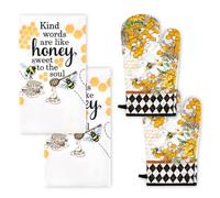 Arquiel Honey Bee Kitchen Towels and Oven Mitts Sets 4Pcs, Soft Absorbent Dish Cloth Heat Resistant Kitchen Gloves for Cooking Baking Decoration, Housewarming Gifts for Mom