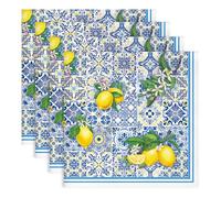Arquiel Italian Lemon Cotton Cloth Napkins Blue Mediterranean Print Reusable Soft Dinner Napkins for Everyday Dining, Parties, Weddings and Table Settings, Set of 4, 45 x 45 cm