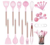 Arquiel Kitchen Utensil Set w/ Holder，22 Pcs Silicone Cooking Utensils Set Nonstick Cookware，Heat Resistance Spatula Set，Stainless Steel Handle Kitchen Gadgets Utensils Set(Pink)，Pink & Gold (HX0110)