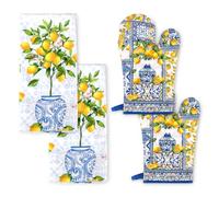 Arquiel Lemon Kitchen Towels and Oven Mitts Sets 4Pcs, Soft Absorbent Blue Vase Dish Cloth Heat Resistant Kitchen Gloves for Cooking Baking Decoration, Housewarming Gifts for Mom