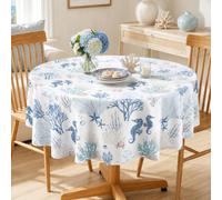 Arquiel Nautical Coastal Polyester Table Cloth Washable Summer Sea Coral Tablecloth, 180 x 180 cm, Decorative Table Cover for Family Dinners, Everyday Use and Parties, Patio Dining