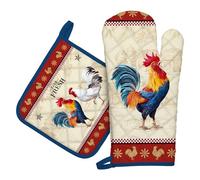 Arquiel Retro Rooster Oven Mitts and Pot Holders -100% Cotton, Heat Resistant Extra Long Oven Gloves & Hot Pads for Cooking BBQ Grilling Baking Gift, Set of 2