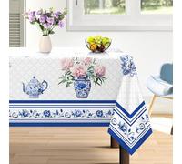 Arquiel Spring Summer Flowers Tablecloth Waterproof, Blue Floral Vase Bordered Rectangle Table Cloth, Washable Table Cover For Kitchen Dining Party Decor(140×180cm)