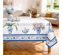 Arquiel Summer Flowers Tablecloth Waterproof, Blue Floral Vase Bordered Rectangle Table Cloth, Washable Table Cover for Kitchen Dining Party Decor (60×104 Inch)