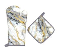 Arquiel White Gold Marble Oven Mitts and Pot Holders -100% Cotton, Heat Resistant Extra Long Oven Gloves & Hot Pads for Cooking BBQ Grilling Baking Gift, Set of 2